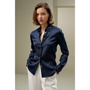 Lilysilk Shirt Womens Small Blue Silk Stretch Concealed Button Placket NWOT